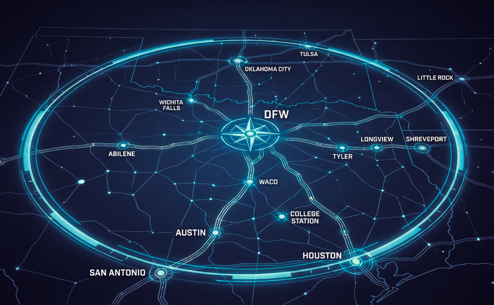 300-mile coverage map showing DFW hub with connections to Houston, Austin, San Antonio, OKC, and Tulsa
